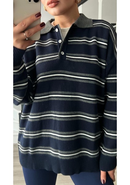 Lacivert-Gri Polo Yaka Çizgili Triko Kazak fiyatları