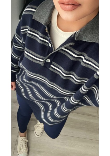 Lacivert-Gri Polo Yaka Çizgili Triko Kazak modelleri
