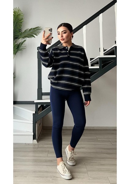 Lacivert-Gri Polo Yaka Çizgili Triko Kazak fırsatları
