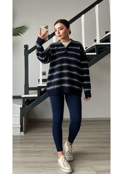 Lacivert-Gri Polo Yaka Çizgili Triko Kazak indirimleri