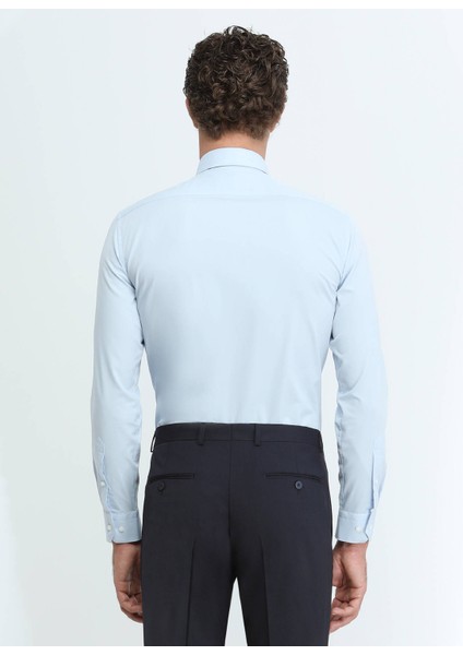 Mavi Düz Slim Fit Dokuma Klasik Pamuk Karışımlı Gömlek