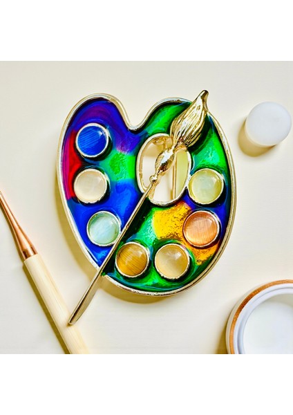 Renkli Mineli Altın Renk Resim Paleti Broş fiyatları