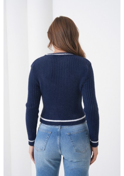 Kadın Asimetrik V Kesim Şerit Kenar Sakallı Uzun Kollu Bisiklet Yaka Spor Şık Kışlık Triko Kazak modelleri