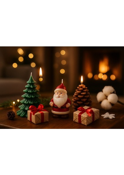 3’lü Yılbaşı Temalı Masa ve Ev Dekoru Noel Baba Kozalak ve Çam Ağacı Temalı Mum yılbaşı Hediye Seti modelleri