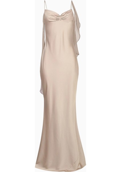 Fırfırlı Göğüs Detaylı Saten Maksi Kadın Elbisesi