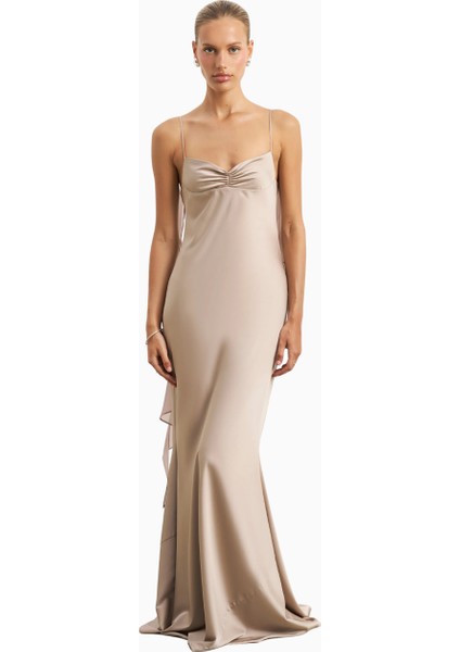 Fırfırlı Göğüs Detaylı Saten Maksi Kadın Elbisesi fiyatları