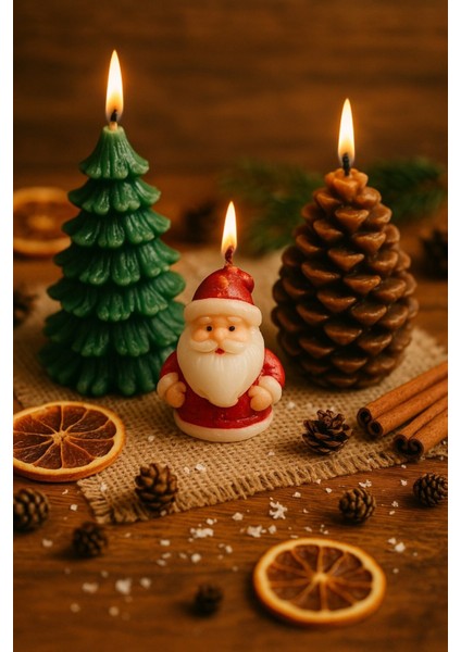 3’lü Yılbaşı Temalı Masa ve Ev Dekoru Noel Baba Kozalak ve Çam Ağacı Temalı Mum yılbaşı Hediye Seti