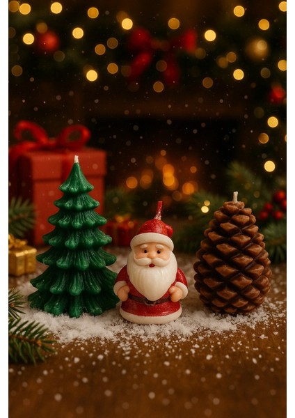 3’lü Yılbaşı Temalı Masa ve Ev Dekoru Noel Baba Kozalak ve Çam Ağacı Temalı Mum yılbaşı Hediye Seti fiyatları