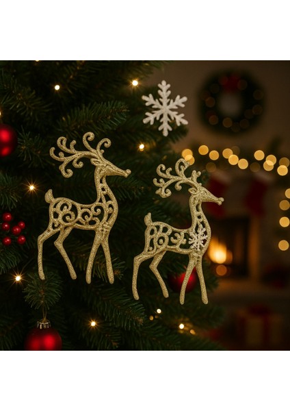 YILBAŞI AĞACI SÜSÜ Işıltılı Noel Geyikleri 2’li Set-Altın Parıltılı Yılbaşı Geyik Süsü (2 Adet) fiyatları