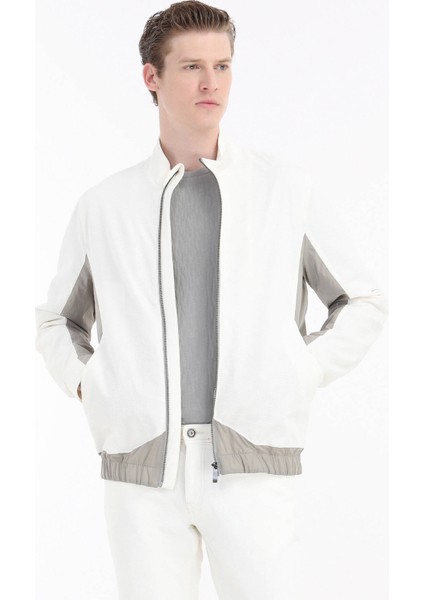 Beyaz Regular Fit Dik Yaka Casual Dokuma Mont