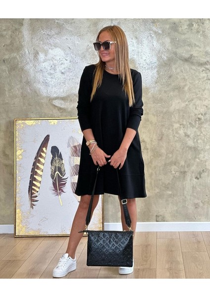 Kadın Uzun Kollu Bisiklet Yaka Cep Detay Etek Ucu Volanlı Iki Iplik Elbise