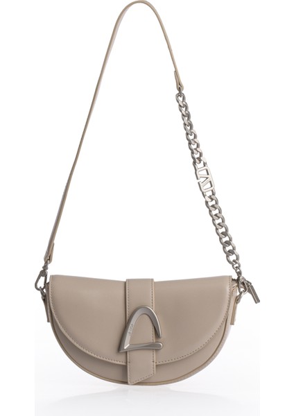 Asimetrik Tasarım, Zincir ve Logo Detaylı Şık Kadın Omuz Çantası 930373 Krem