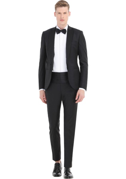 Siyah Düz Fashion Slim Fit Kruvaze Yaka Dokuma Smokin Takım Elbise