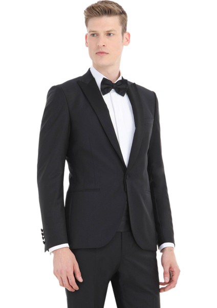 Siyah Düz Fashion Slim Fit Kruvaze Yaka Dokuma Smokin Takım Elbise