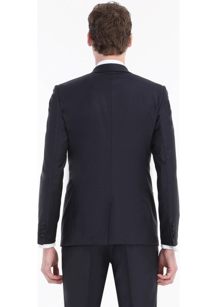 Lacivert Düz Fashion Slim Fit Kruvaze Yaka Dokuma Smokin Takım Elbise