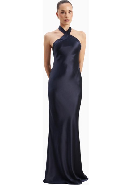 Satin Cross Strap Halter Gown Maxi Kadın Elbise