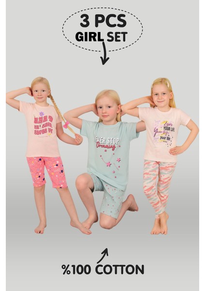 Kız Çocuk 3'lü %100 Pamuklu 10-11-12 Yaş Pijama Takımı MODEL:119