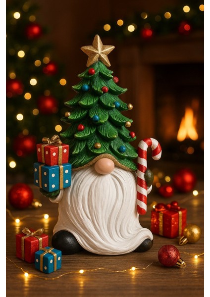 Noel Baba Sakallı Çam Ağacı Figürlü Yılbaşı Christmas El Yapımı Süs Polyester Hediye Biblo 19 cm