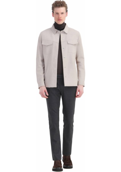 Bej Regular Fit Gömlek Yaka Casual Süet Deri Mont