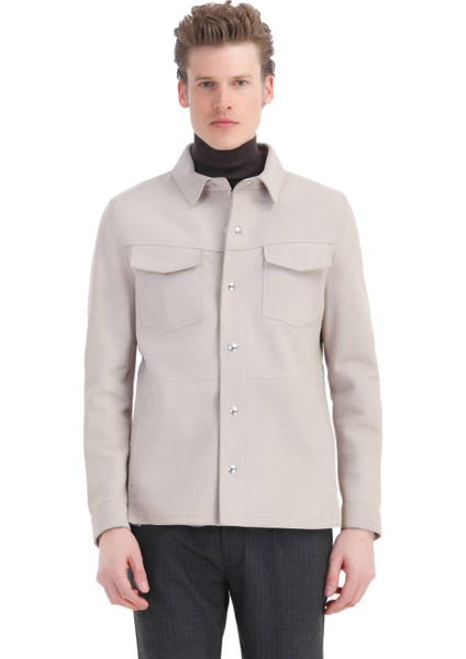 Bej Regular Fit Gömlek Yaka Casual Süet Deri Mont