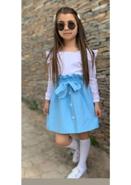 Harika Mavi Etekli Poplin Gomlekli Kiz Takım