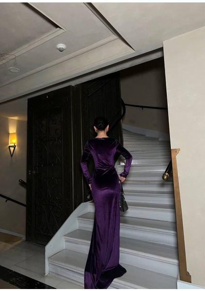 Kadın Kadife Kumaş Yırtmaçlı Abiye Elbise (Renk Seçenekli) fırsatları