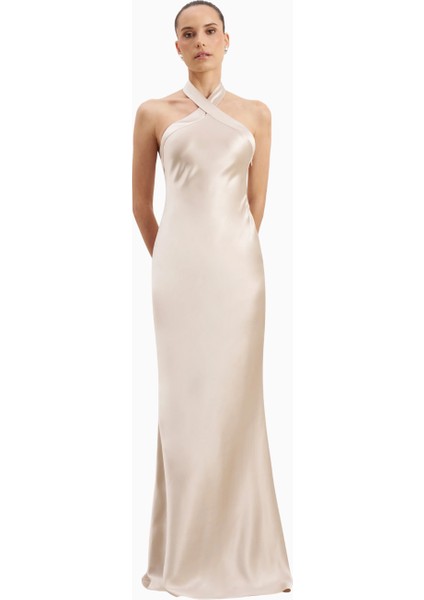 Satin Cross Strap Halter Gown Maxi Kadın Elbise