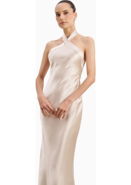 Satin Cross Strap Halter Gown Maxi Kadın Elbise