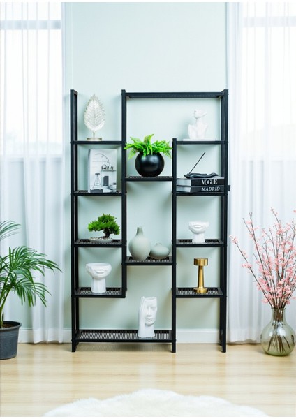 Dekoratif Siyah Metal Kitaplık 12 Raflı Ünite Çok Amaçlı Stand Salon ve Çalışma Odası Düzenleyici