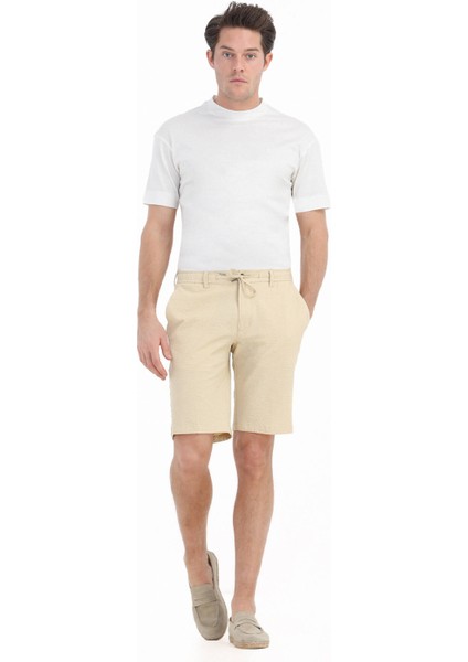 Sarı Çizgili Dokuma Jogging Fit Casual Pamuk Karışımlı Bermuda