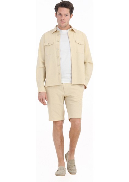 Sarı Çizgili Dokuma Jogging Fit Casual Pamuk Karışımlı Bermuda