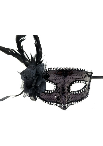Siyah Renk Yandan Tüylü Güllü Gümüş Taşlı Pullu Maske 20x22 cm fiyatları