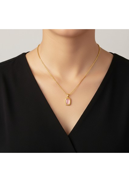 Pembe Renk Doğal Taşlı Altın Kaplama Kolye Zincir ile Birlikte Gönderilir ve 3 Zincir Seçeneği