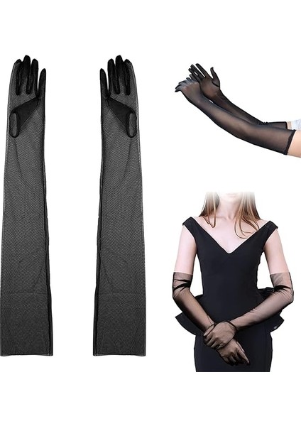 Uzun Boy Likralı Siyah Renk Yetişkin Mega Tül Eldiven 53 cm fiyatları