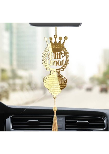 Kişiye Özel Tarihli Ayetel Kürsi Desenli Kral Tacı Pleksi Araba Dikiz Aynası Süsü