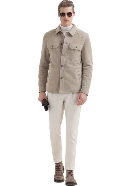 Bej Regular Fit Gömlek Yaka Casual Kürk Deri Mont