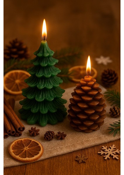 2’li yılbaşı Temalı Masa ve Ev Dekoru kozalak ve Çam Ağacı Temalı Doğal Mum Yılbaşı Hediye Seti