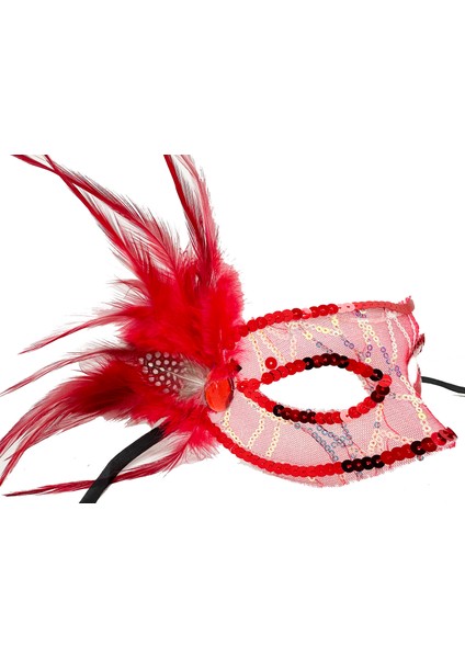 Kırmızı Renk Yandan Tüylü Pul Payet İşlemeli Parti Maskesi 23x12 cm modelleri