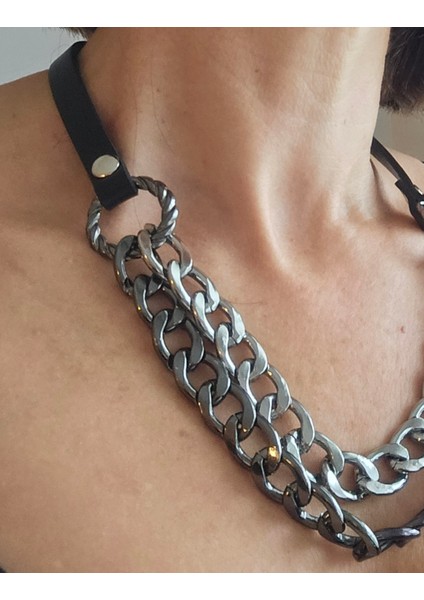 Hakiki Deri Siyah Kısa Zincir Kolye modelleri