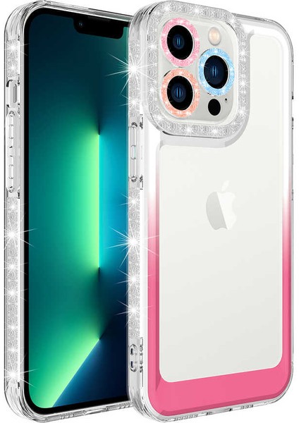 Apple iPhone 13 Pro Max Kılıf Simli ve Renk Geçiş Tasarımlı Lens Korumalı Aden Park Kapak-Beyaz-Pembe