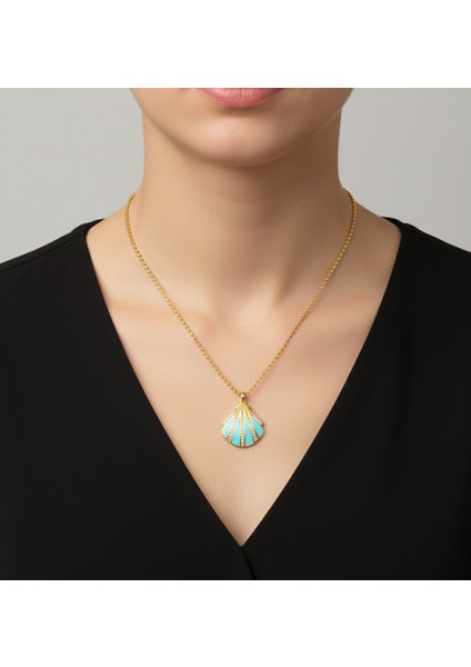 İnci ve Deniz Temalı Mavi Mineli İstiridye Kolye Zincir ile Birlikte Gönderilir Ve 3 Farklı Zincir Seçeneği