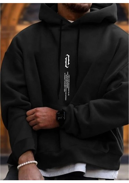 Punıx Büyük Beden Özel Tasarım Dikey Yazı Baskılı Kapüşonlu Kalın Kışlık Erkek Sweatshırt