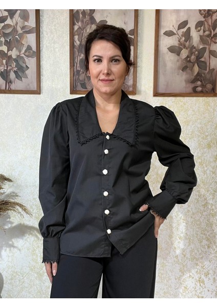 Siyah Yaka Detaylı Tasarım Gömlek