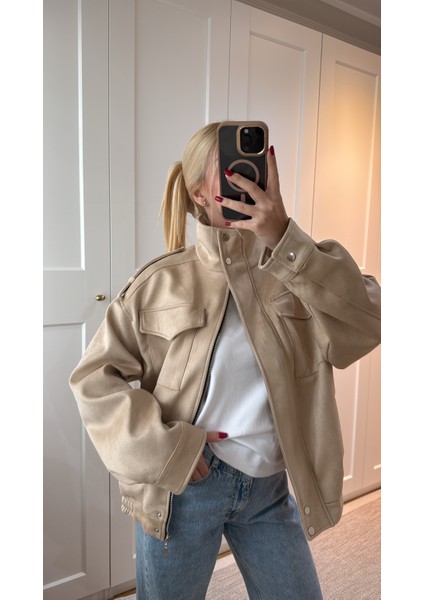 Süet Bomber Ceket -Taş