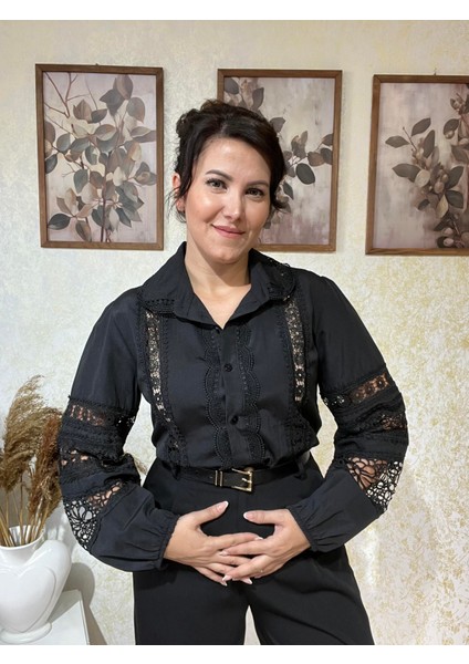 Siyah Balon Kol Fisto Talya Gömlek