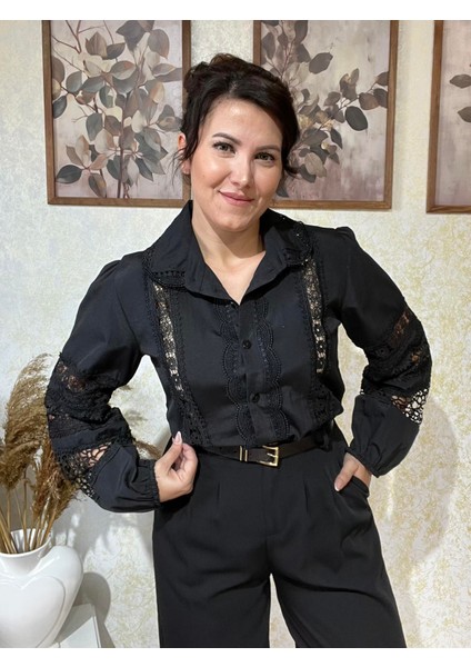 Siyah Balon Kol Fisto Talya Gömlek