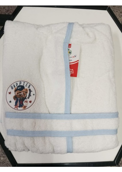 Erkek Çocuk Bornozu, Mavi-Beyaz, Pamuklu, Ayı Desenli modelleri