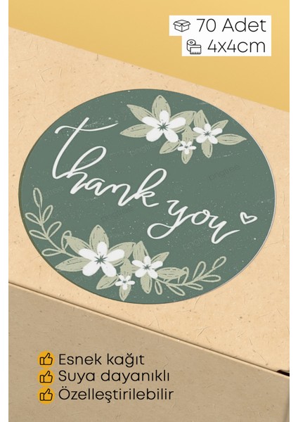 Thank You Yazılı Sticker Paketleme Kargo Ambalaj Etiketi - 4X4CM 70 Adet