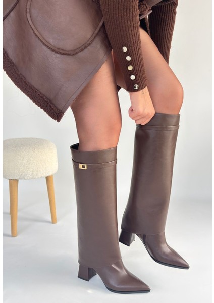 Sivri Burun Topuklu Tak Çıkar Çizme Cilt Kahverengi Topuk Boyu 7 cm modelleri