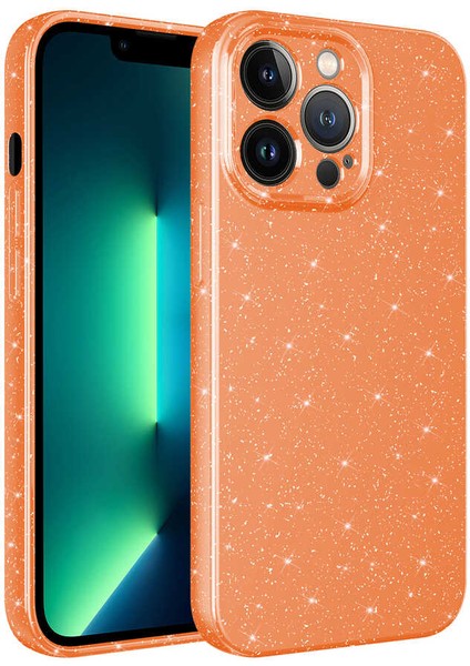 Apple iPhone 13 Pro Max Kılıf Kamera Korumalı Simli Lüks Aden Koton Kapak-Turuncu